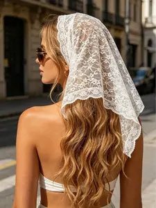 French Vintage Lace Triangle Headscarf, Bohemian Ribbon Hair Scarf, Lightweight Breathable Wavy Trim Headband, Women's Vacation Accessory