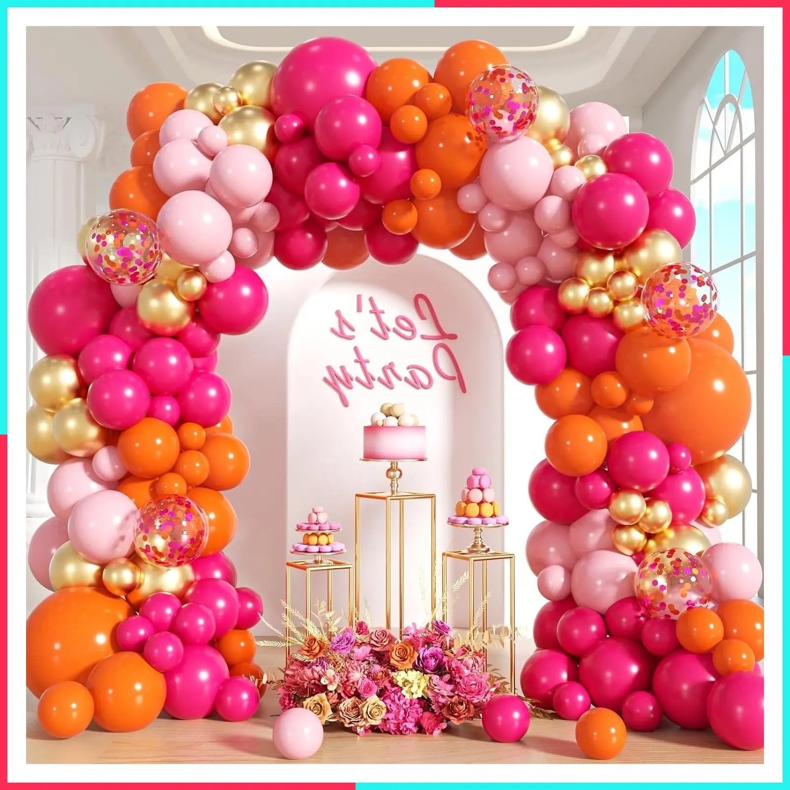 Pink and Orange Balloon Arch Kit with Hot Pastel Pink Orange Gold Balloons