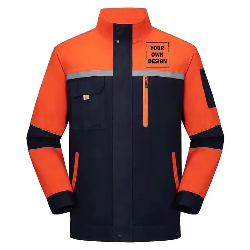 Women's Customizable Uniform Outerwear Jacket - Long-Sleeve Full-Length Zipper-Up Workwear Tops for Women, Solid Navy Blue and Gray, Logo Print; Contact Us for Customization Requests