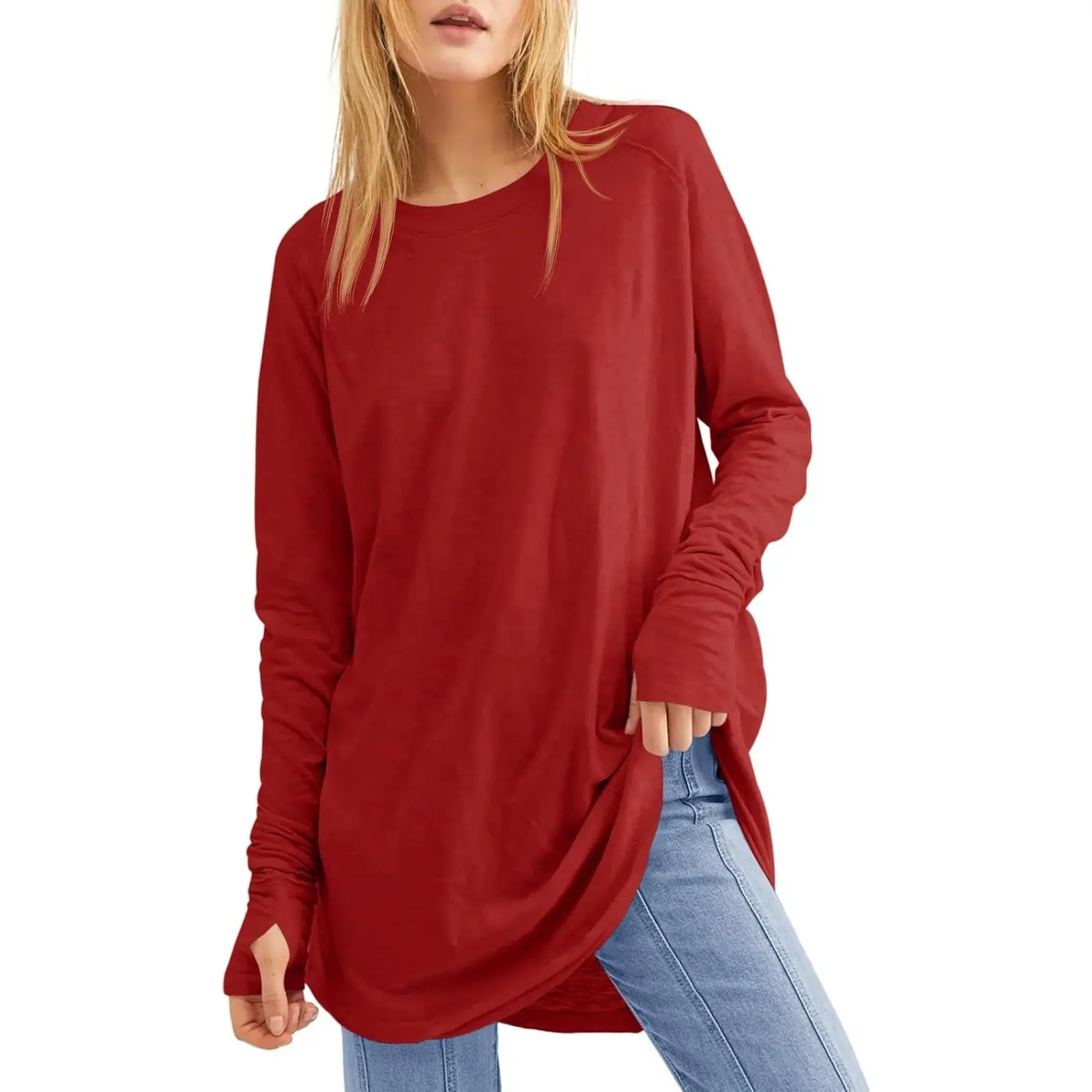 Tankaneo Women's Casual Long Sleeve Tops Crew Neck Round Hem Loose T-Shirts Tunic Tops with Thumb Holes