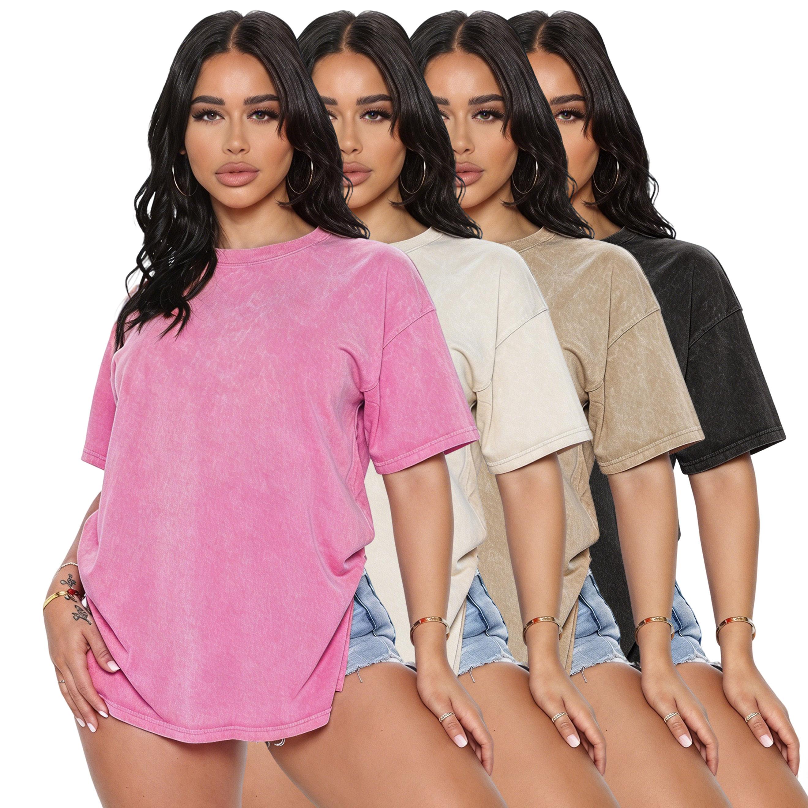 Women's 4-Pack Pure Cotton Crew Neck Short Sleeve Loose-Fit Plain Casual Machine-Washable Basic Tees, Distressed Wash Round Neck Cotton Shirt Tees, Shortsleeve Crewneck Streetwear Top Shirts for Women, Basic Tops