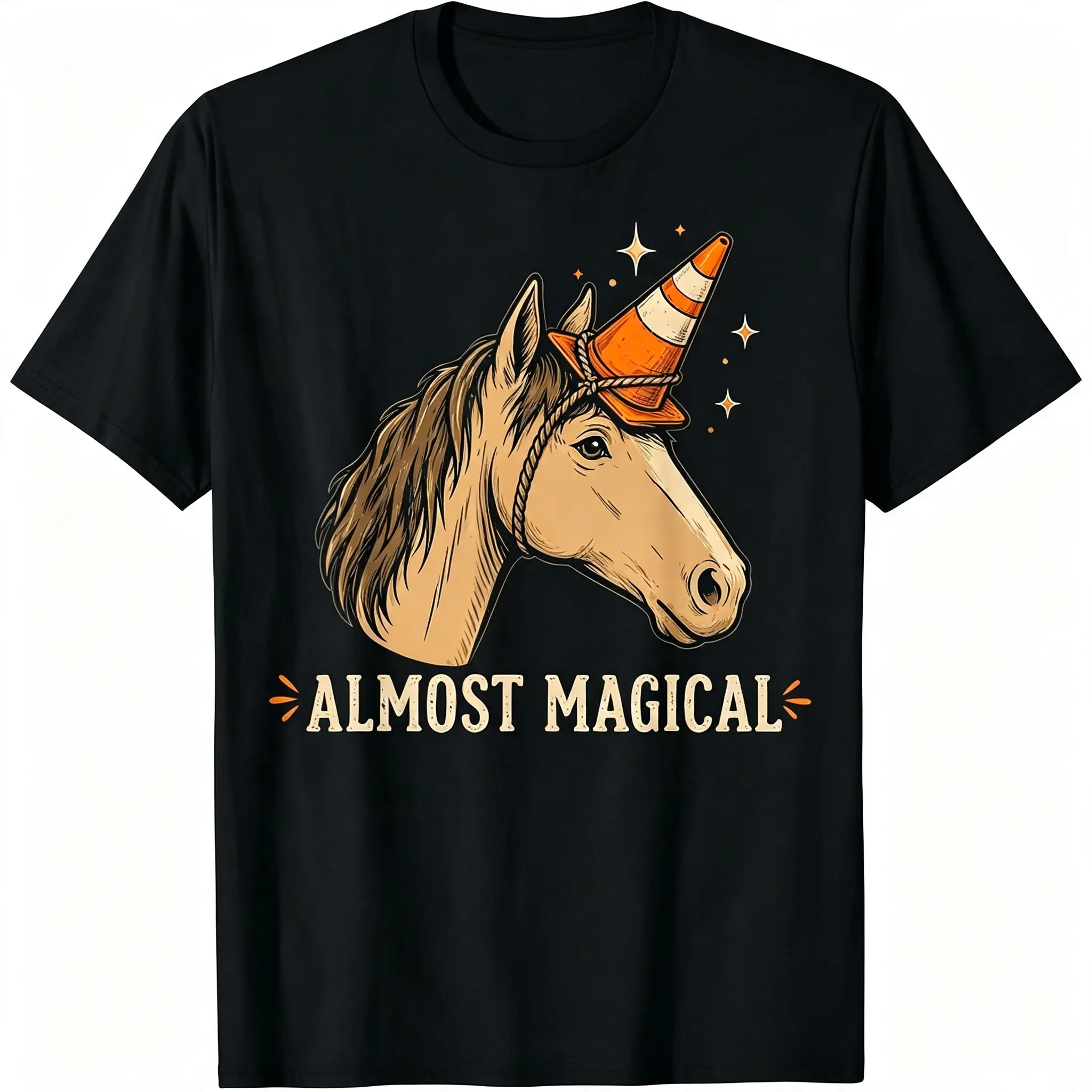 "Almost Magical" Funny Fake Unicorn Graphic T-Shirt for Men Women – Stretch Cotton Crew Neck Short Sleeve, Farm Animal Tee, Regular Fit Streetwear, All Season Wear, Silly Horse Gift, Machine Washable