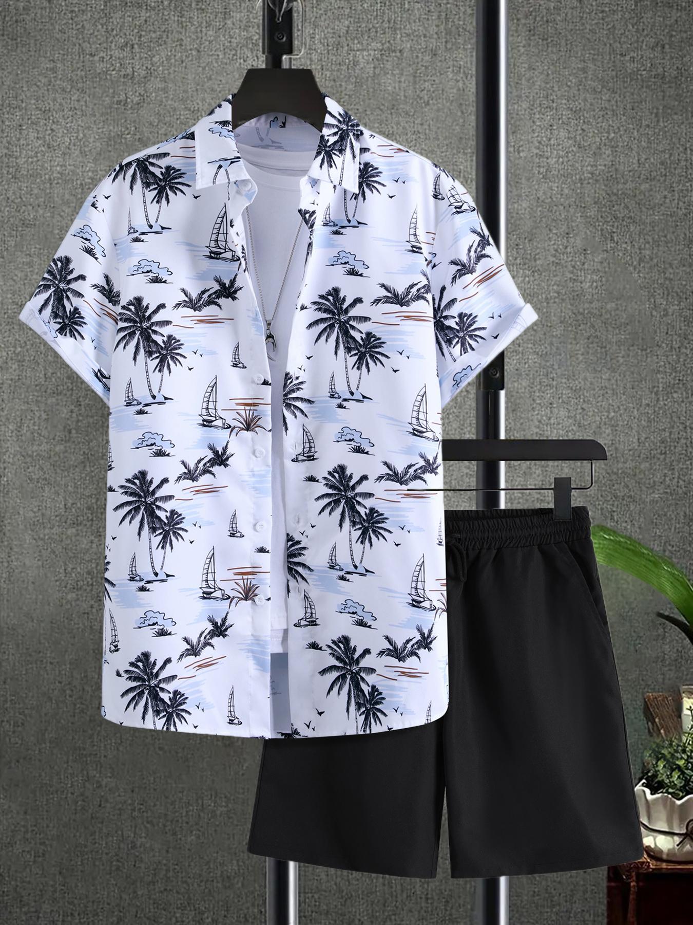 Two-Piece Set Men's Various Pattern Print Short Sleeve Pajama, Regular Fit Casual Comfy Button Front Collared Top & Drawstring Waist Pocket Design Shorts PJ Set, Men's Summer Sleepwear, Casual Pajamas Outfit