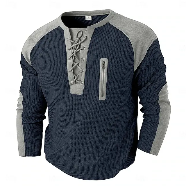 Men Casual Waffle Thermal Long Sleeve Henley Shirts, Raglan Color Block Lace Up V Neck Pullover Tops with Zipper Pocket, Daily Outdoor Workout Sweatshirt Black Gray