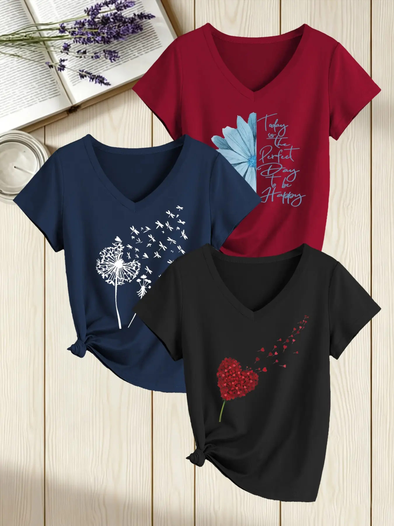 Women's 3-Pack Plant Print T-Shirts, Fashion V-Neck Short Sleeve, Soft Fabric, Moderate Stretch, Ideal for Spring Summer