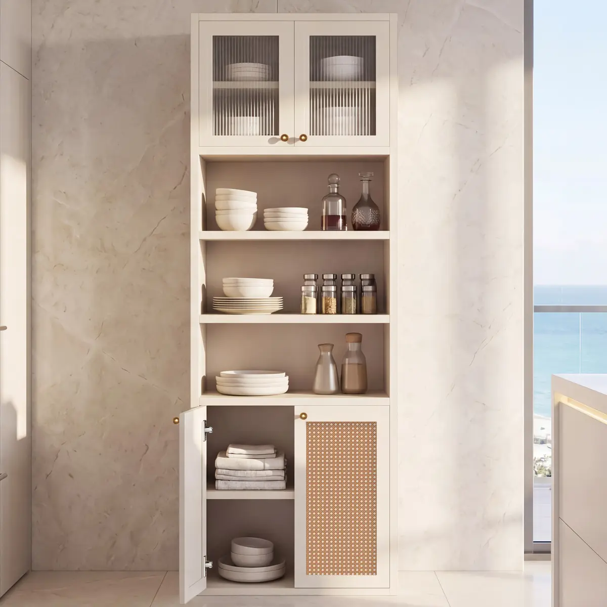 AobtkelOMCHOM Tall Kitchen Pantry Storage Cabinet, 71" Tall Extra Deep 15.8" Modern Kitchen Cabinet, Cupboard with Open Shelf & Enclosed Storage, Freestanding Anti-Tip Organizer for Kitchen On-Site