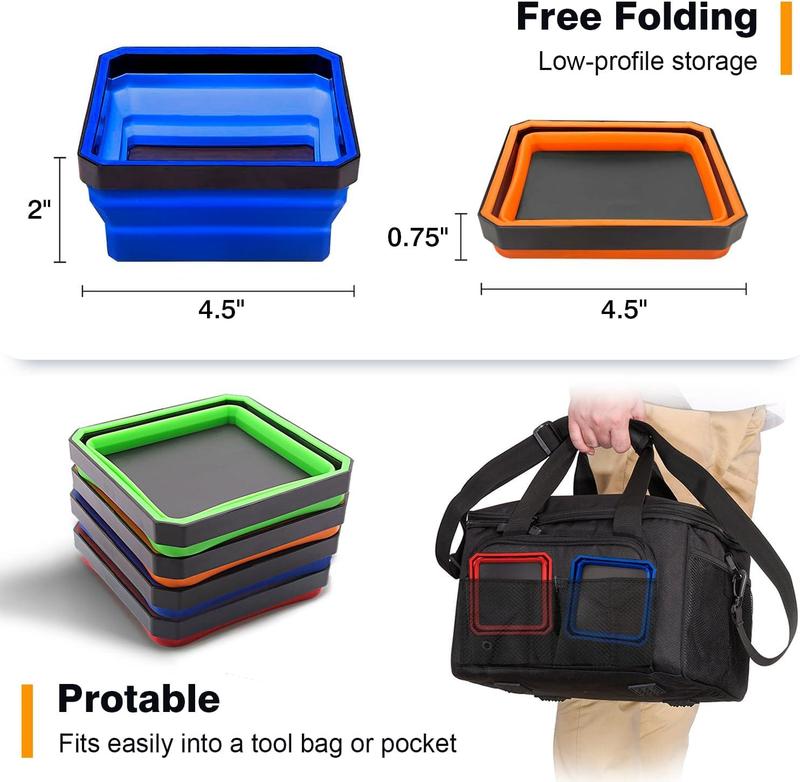 Upgrade Collapsible Magnetic Parts Tray Set, Foldable Magnetic Tool, 4.25 inch Square Silicone Bowls with Magnetic Base Stores and Organizes Small Parts and Tools