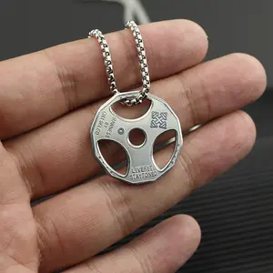 [NB] Vintage Weight Plate Dumbbell Pendant Necklace for Men Women, Irregular Round Stainless Steel Fitness Charm with 60CM Square Pearl Box Chain, Tarnish Resistant Hypoallergenic Sports Jewelry, Ideal Daily Wear & Birthday Gift for Gym Workout En