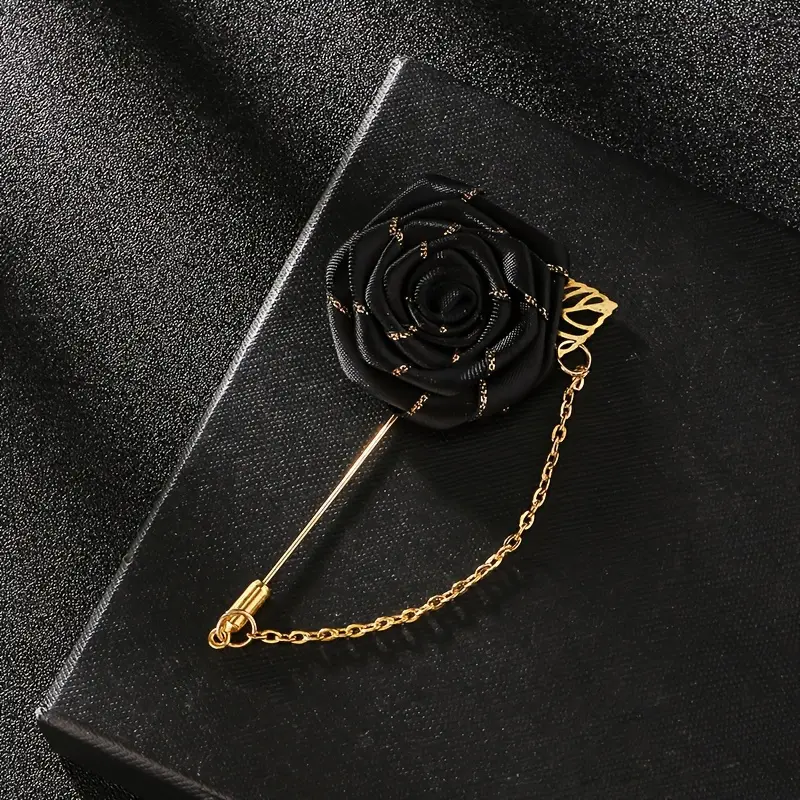 Men's Handmade Cloth Rose Brooch with Golden Leaf, Red/Blue Floral Lapel Pin Boutonniere for Suit, Wedding