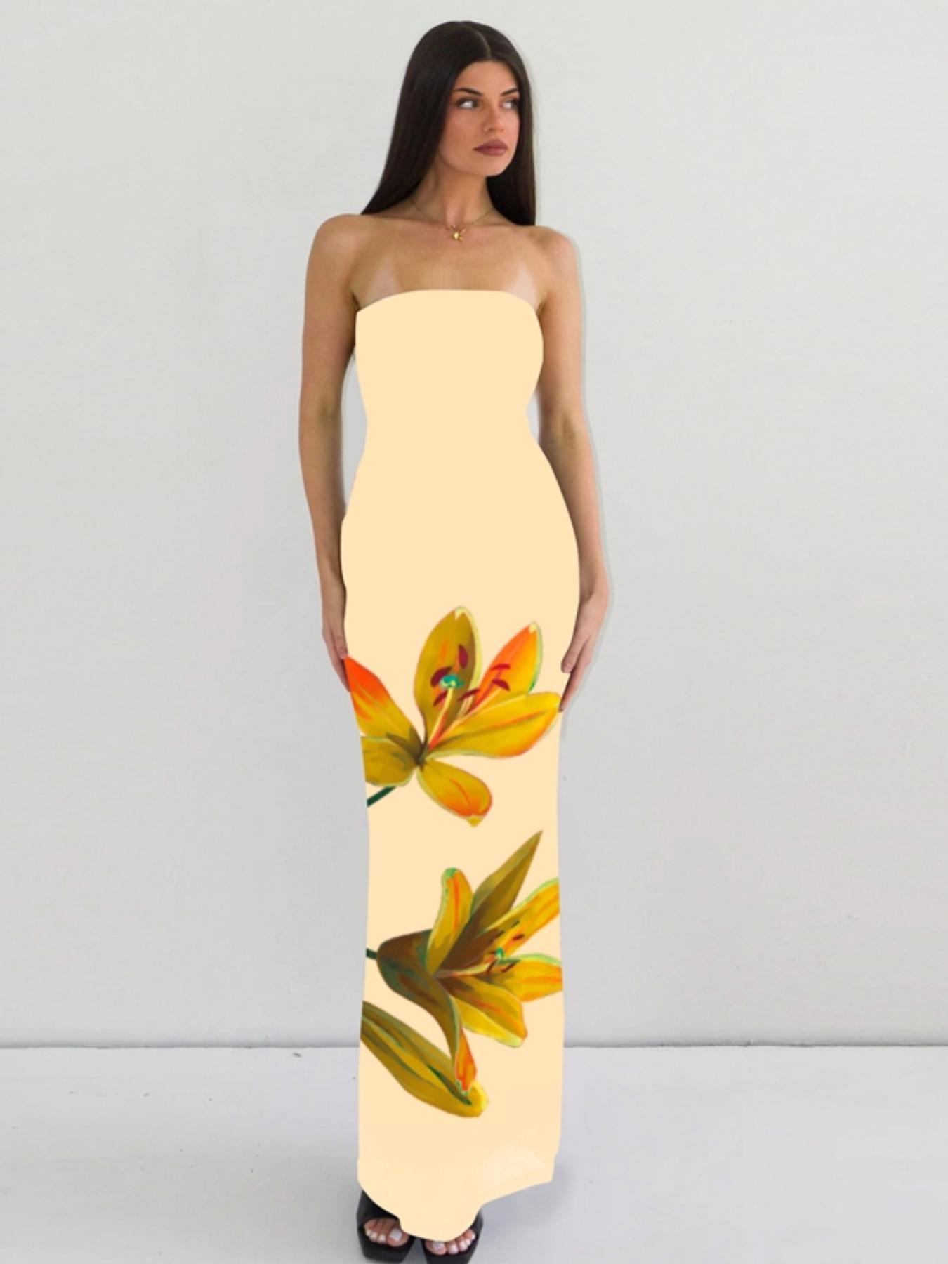 Women's Floral Print Backless Bodycon Mesh Tube Dress, Elegant Chic Strapless Tie Back Dress for Party Club Dating Wear, Ladies Summer Clothes