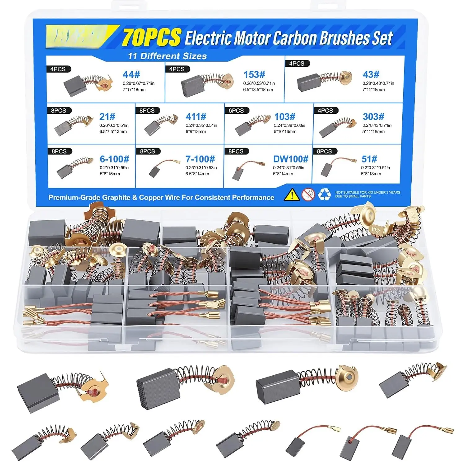 70 count Electric  Carbon Brushes Set, 11  Sizes, Thicker Copper Wire,  Graphite  for Power Tools, Drills, Grinders, Vacuum Motors Repair Kit