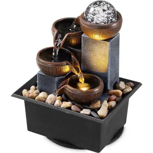 Tabletop Fountain 4 Level Tabletop Waterfall Indoor Meditation Fountain Office Home Relax Desktop Waterfall Includes Many Natural River Rocks LED Lights Bubble Ball Great Choice as Festival Gifts