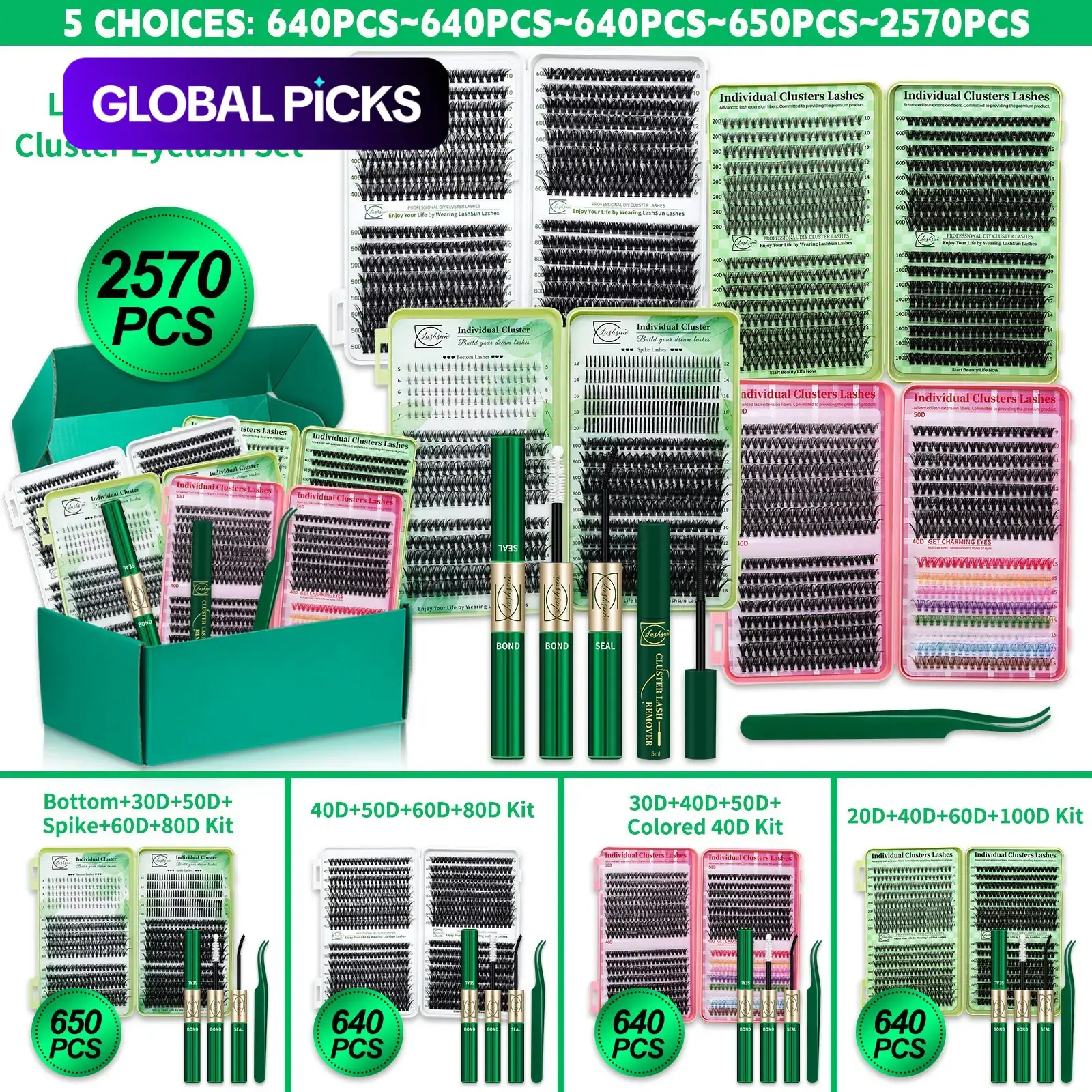 Multiple options: 2570/650/640 Pcs Cluster Eyelash Extensions Set, Spiky Eyelash Clusters, D Curl 10 Styles Colored/Spike/Wispy Lashes, with Bond&Seal Lash Remover Lash Applicator, For Beginners&Pros, DIY at Home Easily, Easy Apply for Makeup Daily