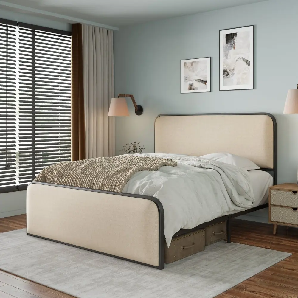 Modern Metal Bed Frame with Curved Upholstered Headboard and Footboard Bed with Under Bed Storage, Heavy Duty Metal Slats,, Beige