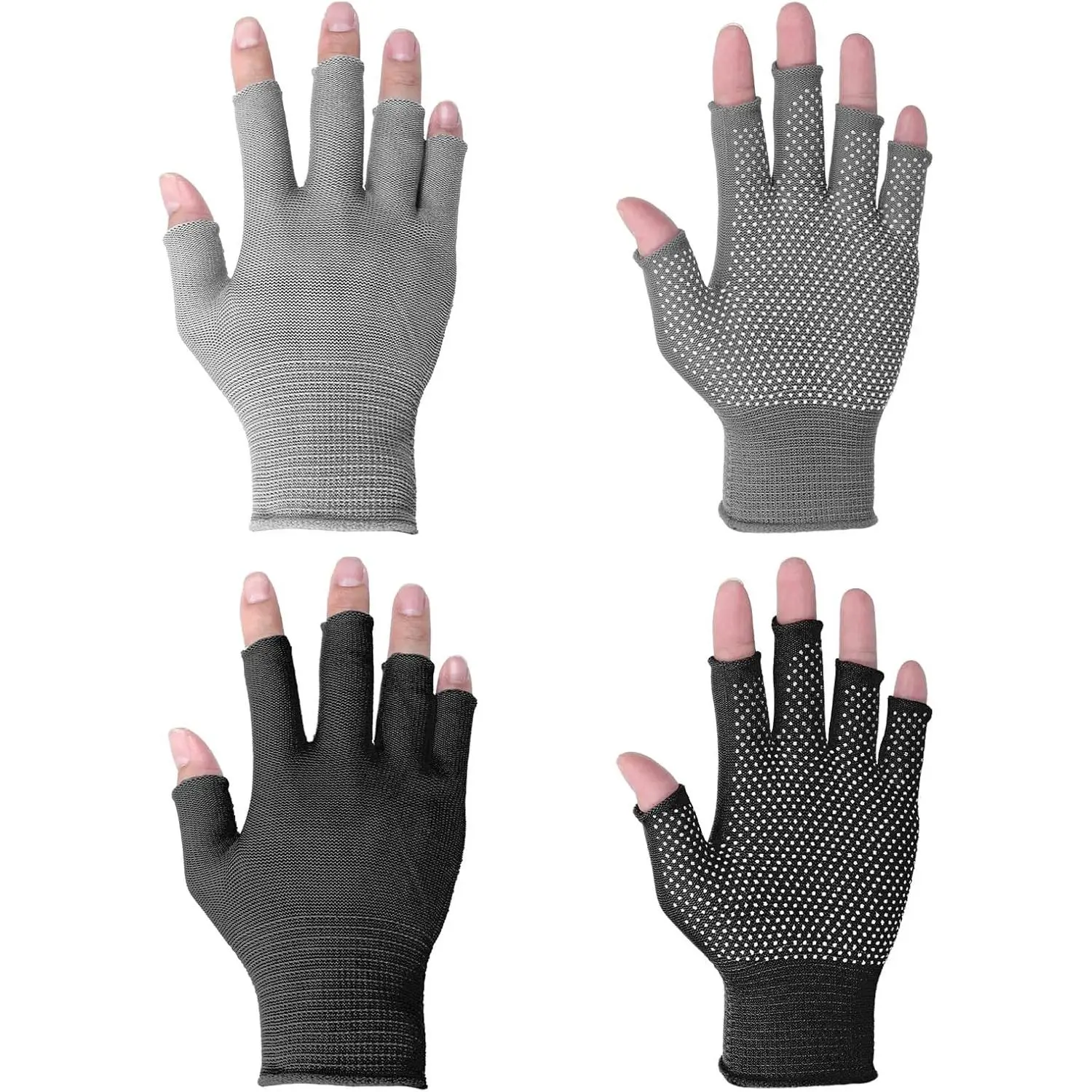 Half-Finger Slip Breathable Fingerless Work Gloves Lightweight Slip Fingerless Grip Gloves Non-slip Yoga Glove Exercise Work Glove for Cycling , Rowing Cycling Workout, 2 Pairs, Black, Grey