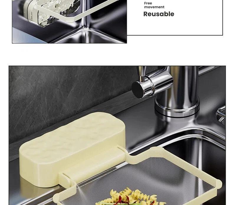 Kitchen Sink Filter Rack - Sink Strainer Foldable Food Catcher with 50pcs Mesh Bags, Foldable Stand Disposable Waste Garbage Net Shelf Anti-Clogging Filter Net Basket Holder Hands-Free Flat Floor Mop Bucket Set Suction Cup Sponge Holder for Kitchen Sink