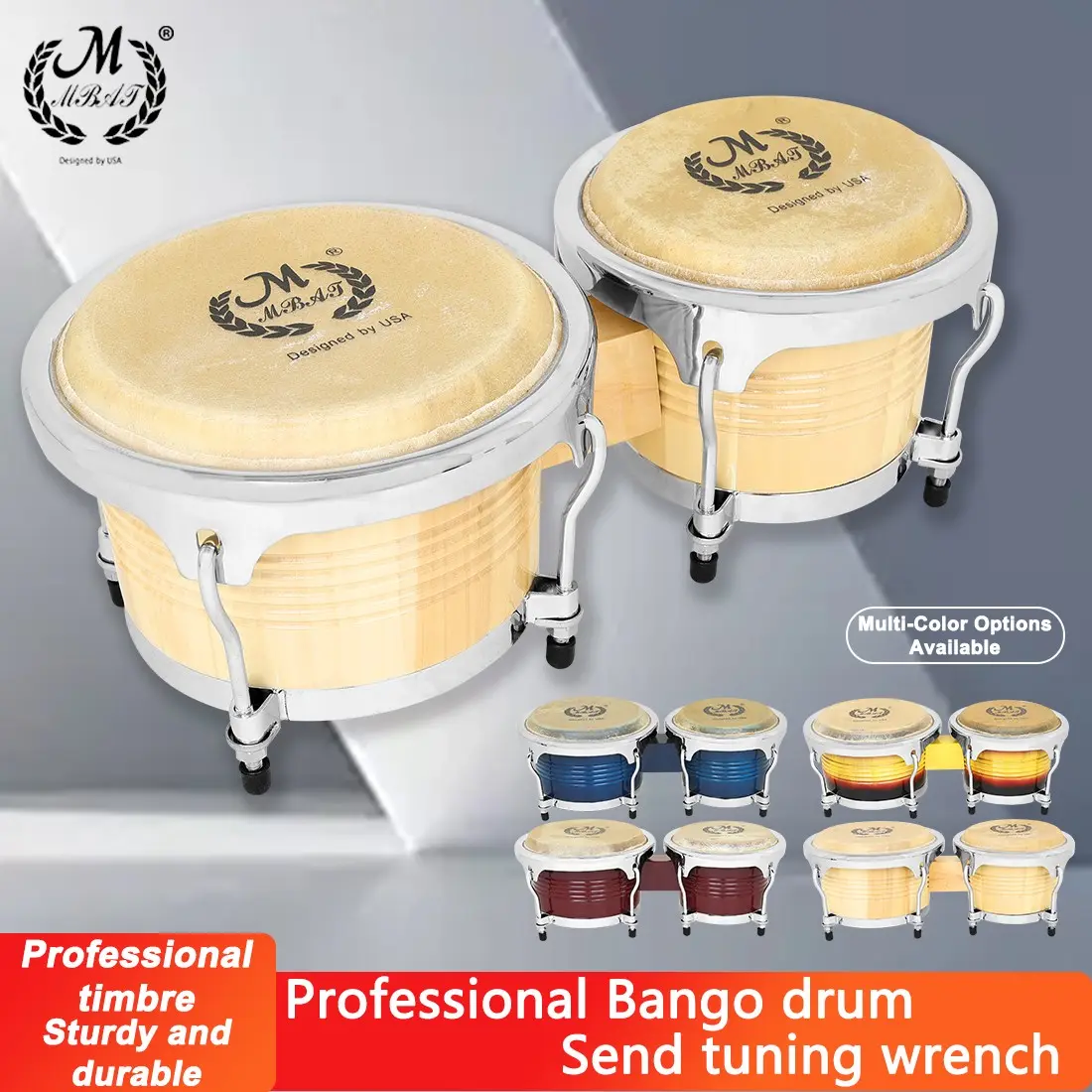 Mbat Bg-36 High-Quality Bongo Drum, Percussion Musical Instruments, 7+9 Inch Oak Water Buffalo Leather, Musical Instrument Accessory, Durable & Professional Grade