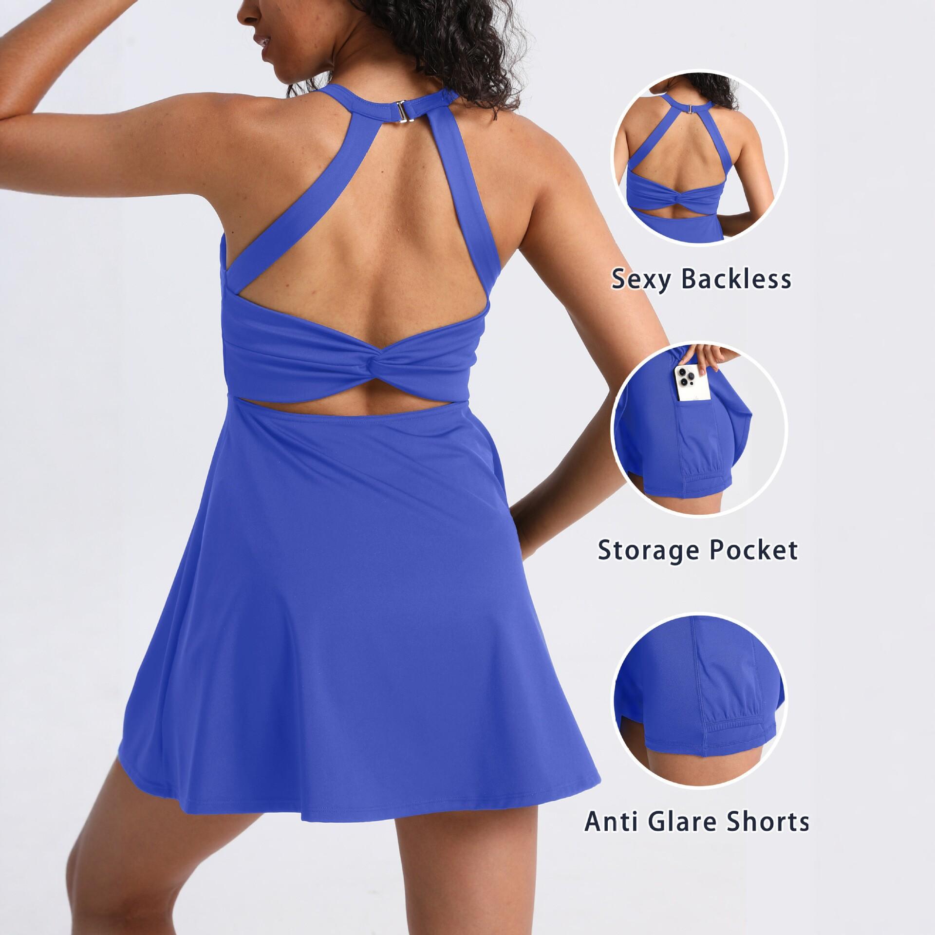 Badminton dress with chest pad anti-light solid color women's summer high-end nude sports tennis dress biker shorts