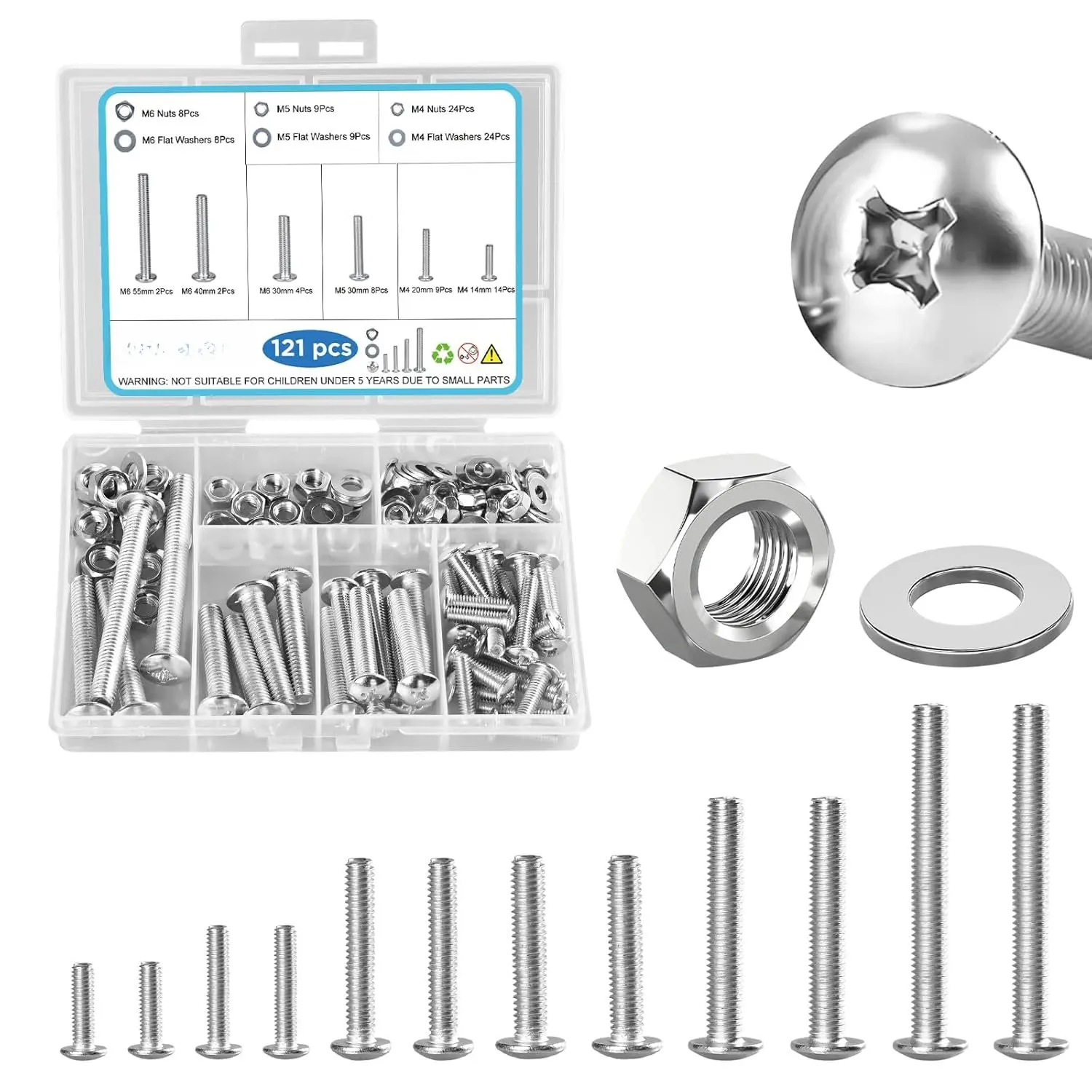 121 count Nuts and   Kit, M4 M5 M6 Phillips  Machine Screws  Set with Storage Case, Small Metric  Nuts and Flat Washers Kit