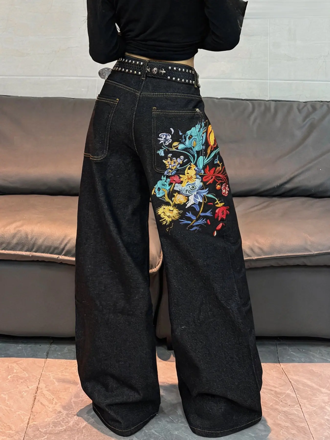 Women's Denim Fit Jeans, Colorblock Floral Embroidery Straight Leg Wide Leg Jeans, Y2K Streetwear Fashion Long Pants, All Seasons