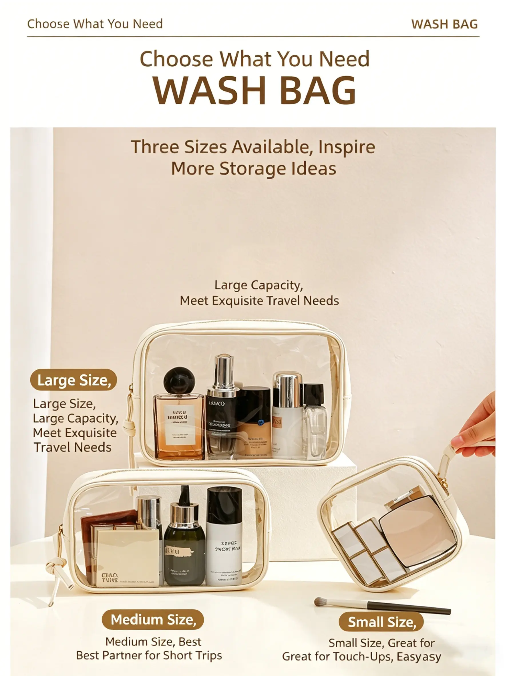 Transparent Cosmetic Bag, Cosmetic Storage Bag, Portable Small Lipstick Powder Organizer, Travel Makeup Pouch, Large Capacity Waterproof Washbag