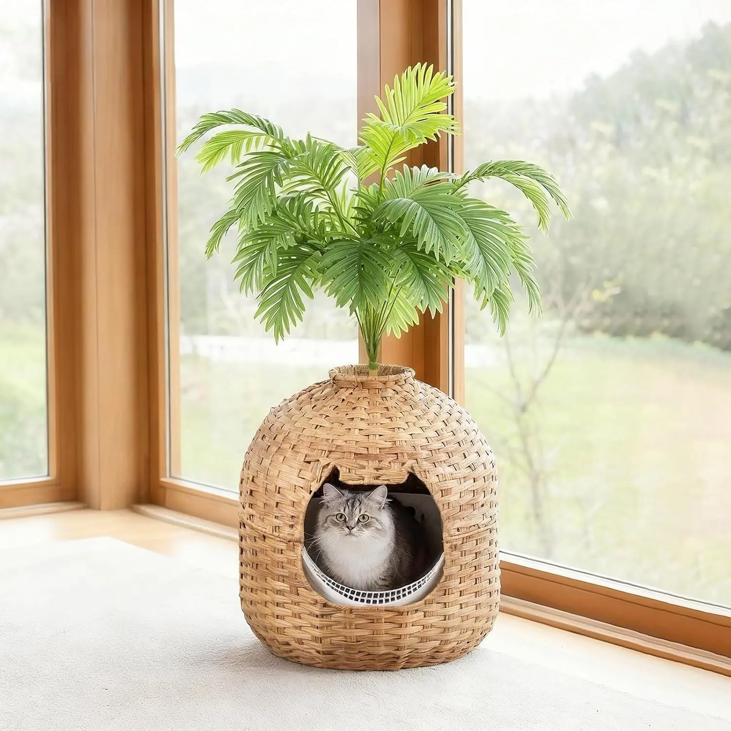 Rattan Plant Litter Box, Large Cat Litter Box Enclosure with Litter Box & Scoop, Odor Control Filter, Handwoven Litter Box Furniture with Decorative Plant, Real Stones, Natural NL09MW01