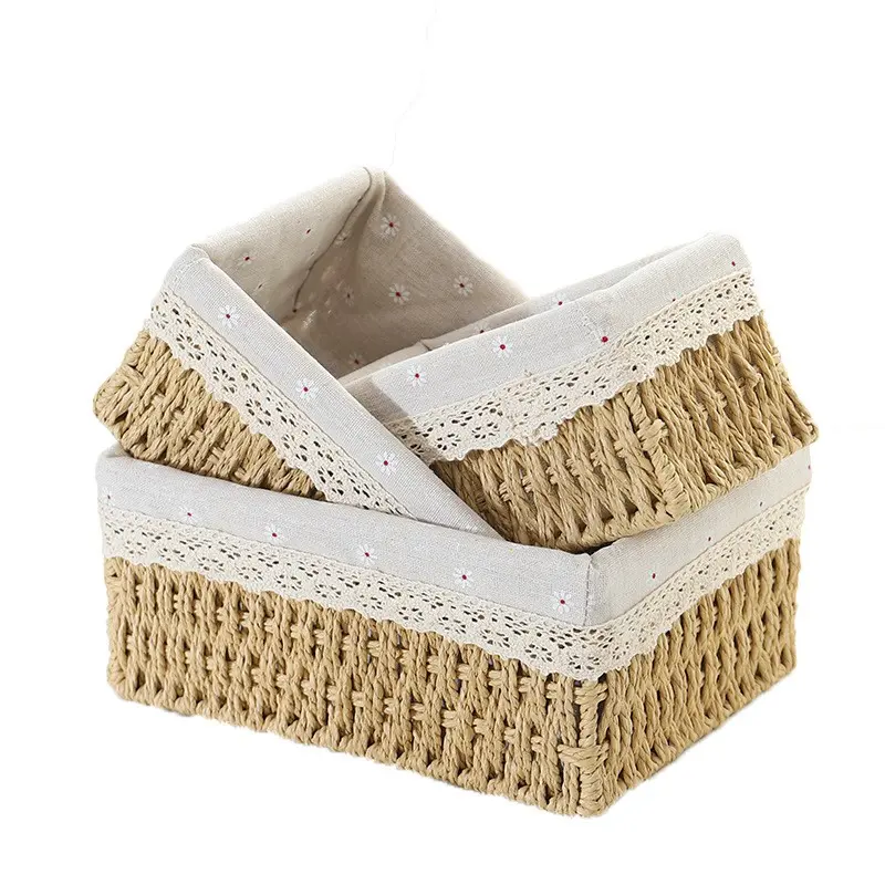 Storage Basket with Lining, Paper Rope Woven Storage Bin, Handmade Food Storage Box, 3-Pack, for Bedroom, Living Room, Office