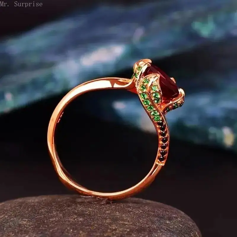 Women's Adjustable Synthetic Red Garnet Rose Ring - Female Luxury Dainty Wedding Engagement Band, Dainty Jewelry for Daily, Party Use (Sizes 6-10)