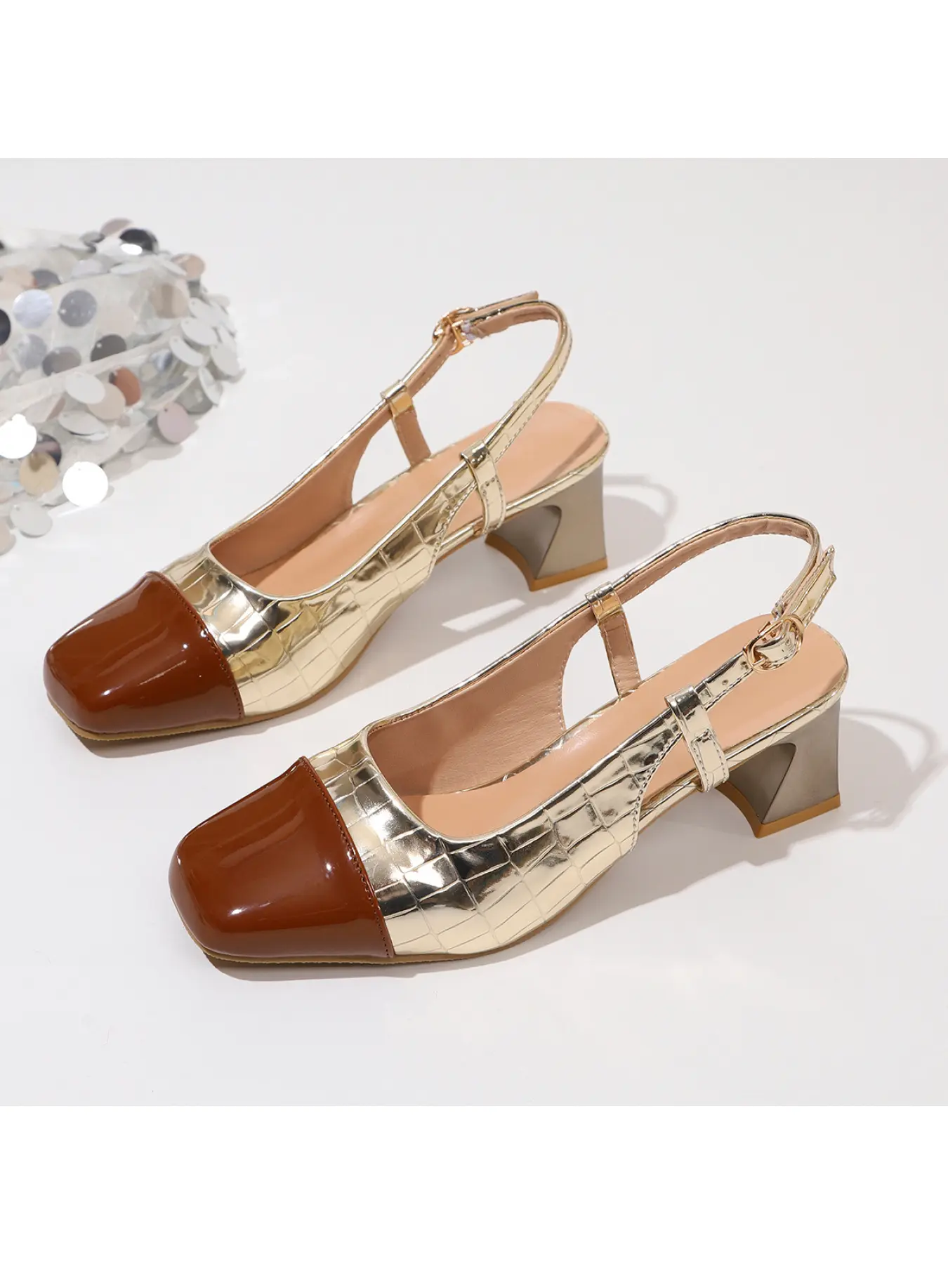 Caramel Silver & Black Silver Croc Shock Absorb Slingback Heels, Foot Relief Geometric Block Heel, Cool Slim Dual-Wear French Luxury Sandals Spring Summer