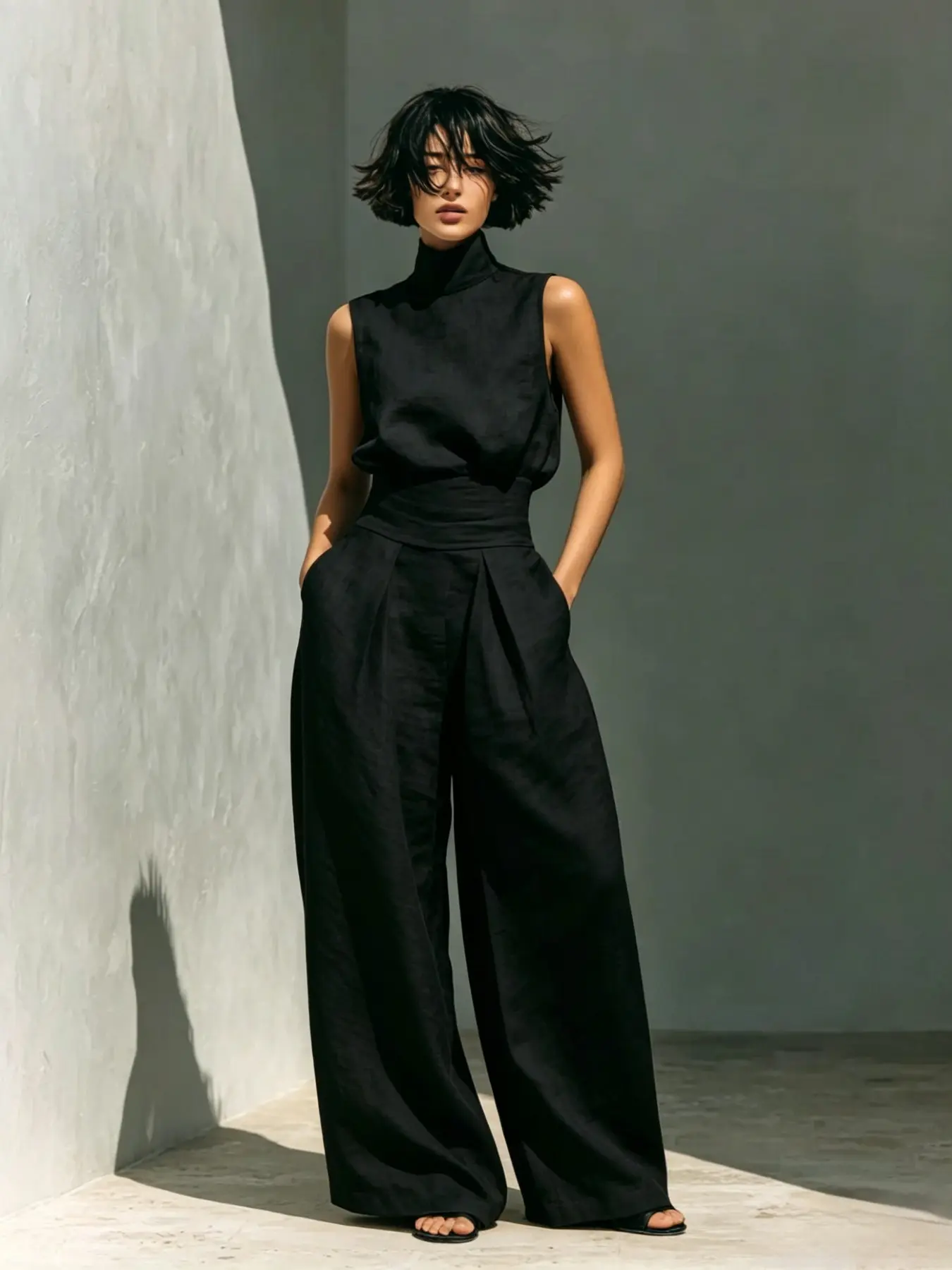C0630 Women Minimal Old Money Two Piece Outfit Sleeveless High Neck Tank Lightweight Wide Leg Pants Casual Travel Set.