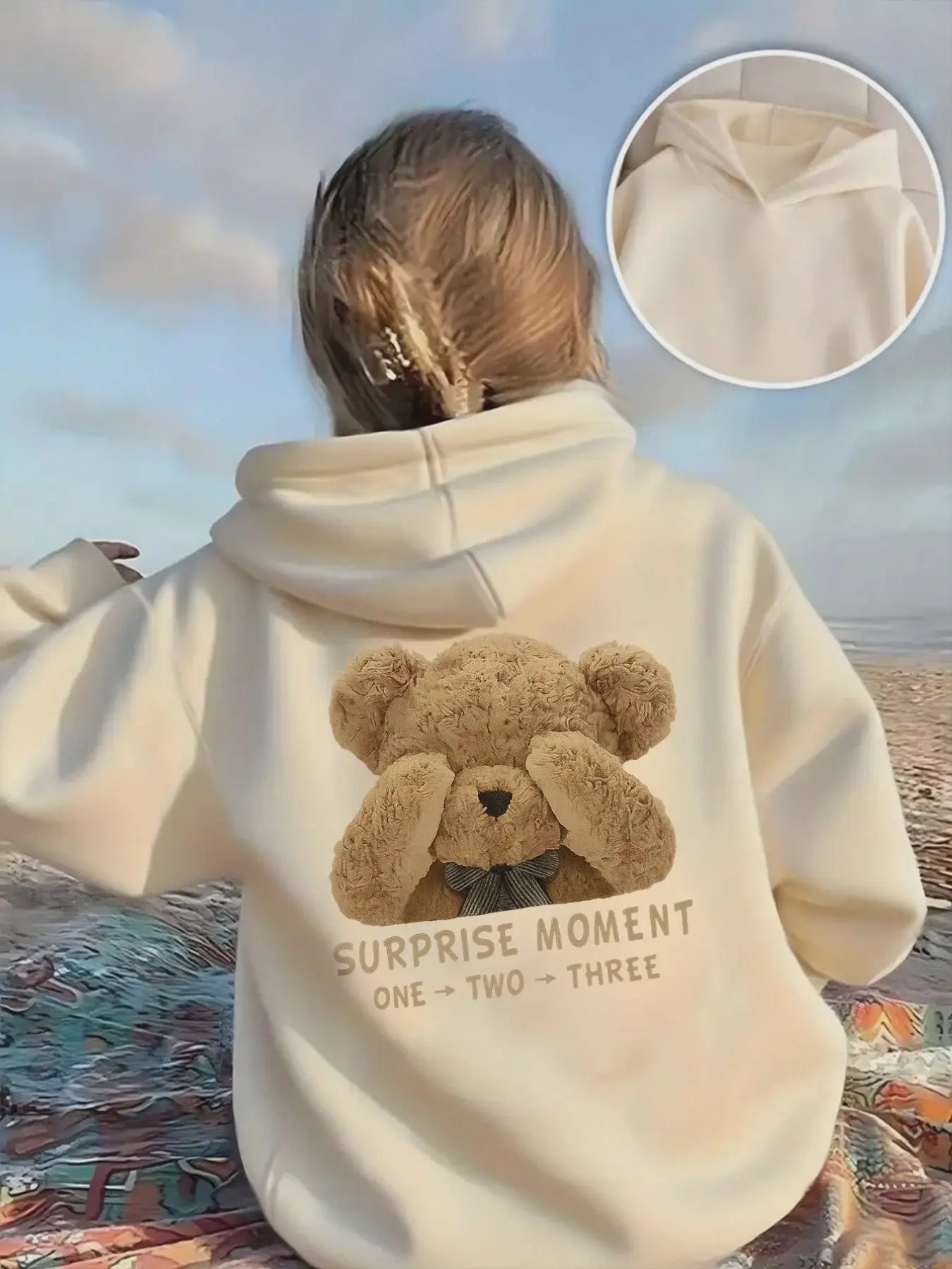Girls' Cute Hooded Sweatshirt, Fun Plush Bear Game Print, Slim-Fitting Long Sleeve, Perfect for Home and Commute, Spring & Fall, Graphic Casual Hoodie