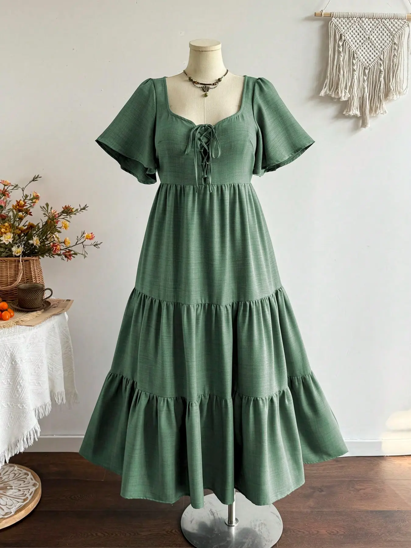 Square Neck Ruffle Sleeve Tie Front Gentle Style Daily Women's Long Dress, Elegant and Comfortable, Perfect for Casual Wear, Boho Fashion Dress