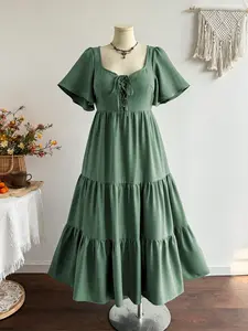 Square Neck Ruffle Sleeve Tie Front Gentle Style Daily Women's Long Dress, Elegant and Comfortable, Perfect for Casual Wear
