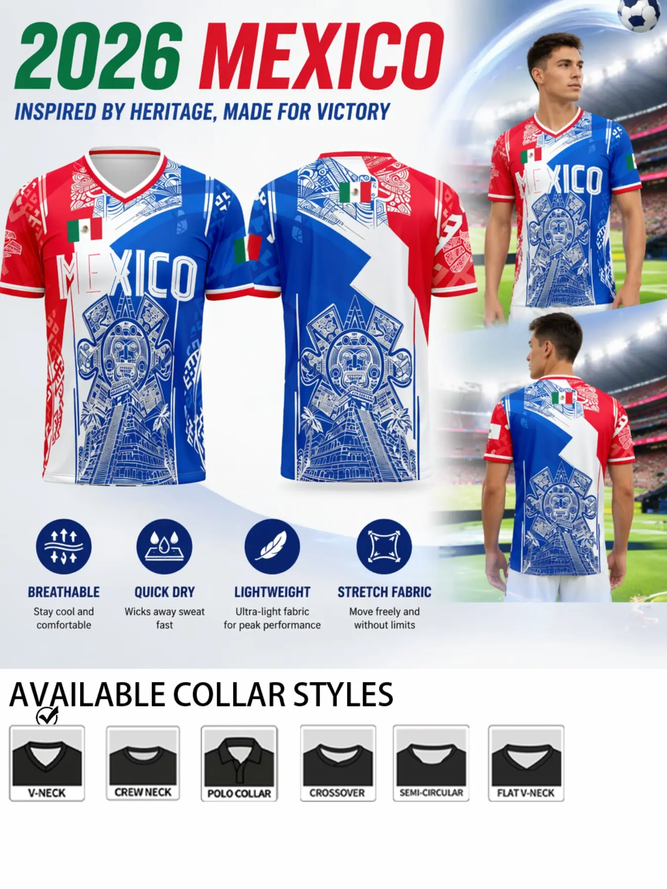2026 Mexico National Men's Soccer Jersey, Aztec Calendar Design, Quick-Dry Polyester, Sporty Fit, Training & Casual Wear