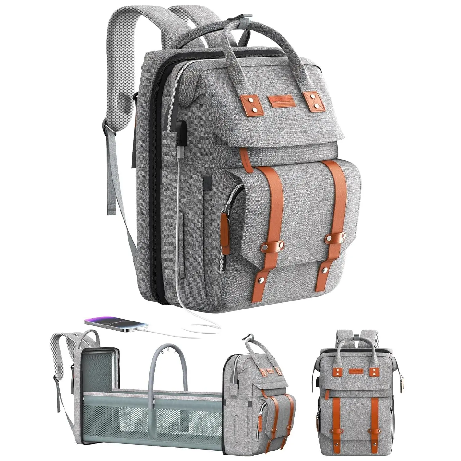 Diaper Bag Backpack with Changing Station, Large Diaper Bag, Baby Bag, Multifunctional Diaper Bag, Gray