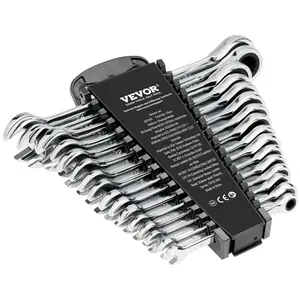 VEVOR Combination Wrench Set, 16-Piece Ratcheting Wrench Set with Organizer Rack, Cr-V Steel Wrench Set Metric 8 mm to 24 mm, Ideal for General Household, Garage, Workshop, Auto Repairs, Emergency