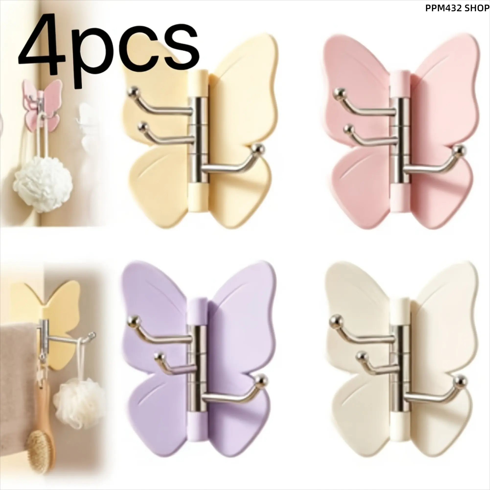 4 Pack Heavy Duty Butterfly Wall Hooks, No Drill Adhesive Rotating Hooks with Adjustable Wings and 3 Prong Design, Multipurpose Hooks for Bathroom Kitchen Entryway Towels Utensils and Home Storage