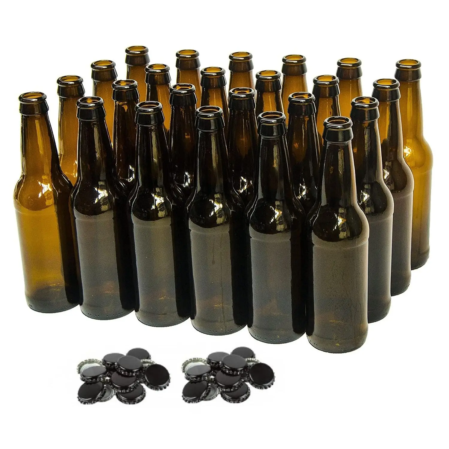 12 Ounce Long-Neck Amber Beer Bottles - Case of 24 - Includes 48 Black Crown Caps