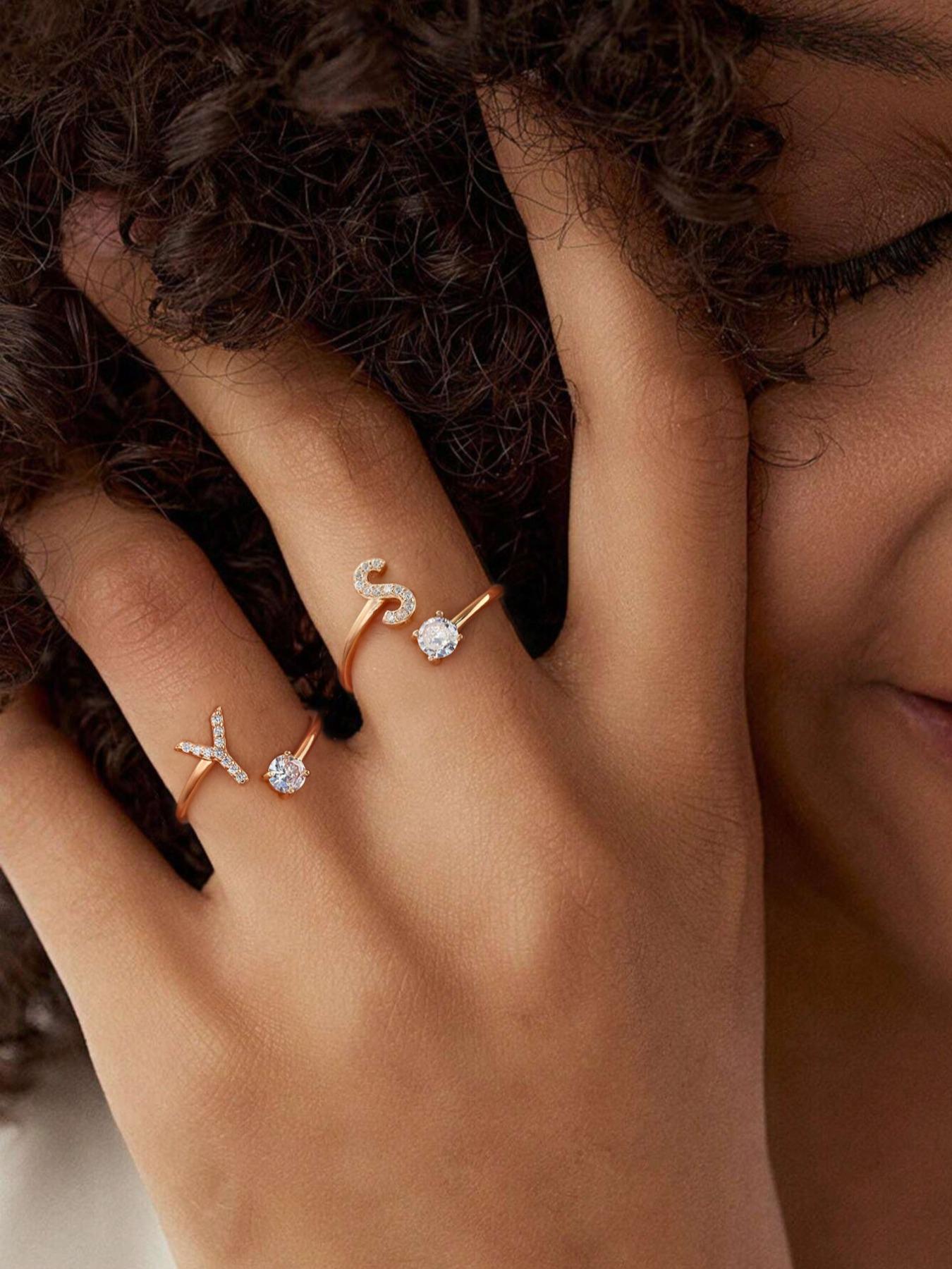 S925 Sterling Silver Initial Letter Adjustable Ring, Fashion Rhinestone Decor Cuff Ring for Party, Daily Clothing Decor, Trendy All-match & Exquisite Jewelry for Gift Wedding, Valentine's Day, Gift, Alphabet Design Ring