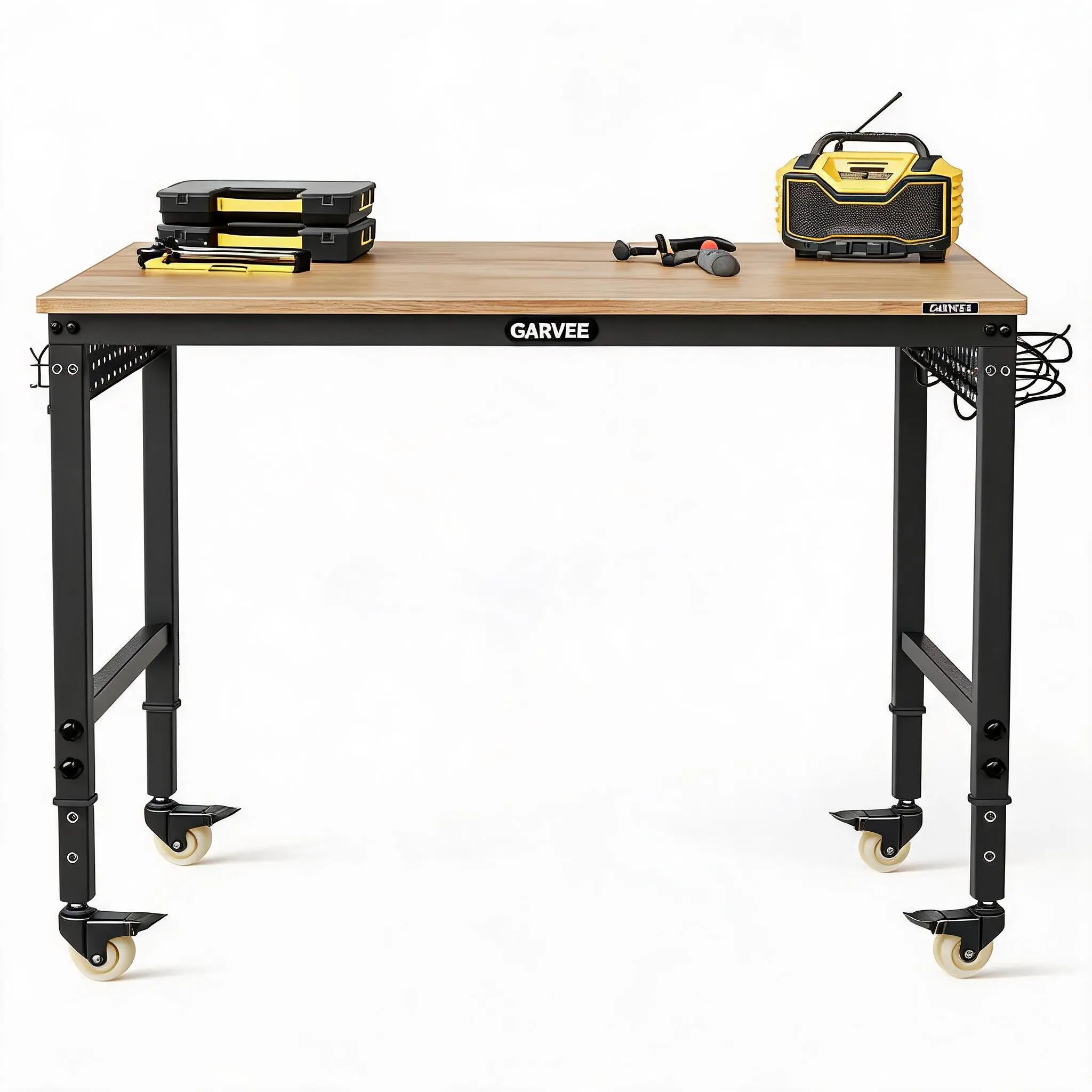 Heavy Duty Rectangular Workbench, 48x24in Single Unit - 2000lb Capacity, 6-Level Height Adjustable, Solid Rubberwood Top, ETL Power Outlets, Swivel Casters, Pegboard & Hooks, Ideal for Garage, Workshop Use with Workshop Tools