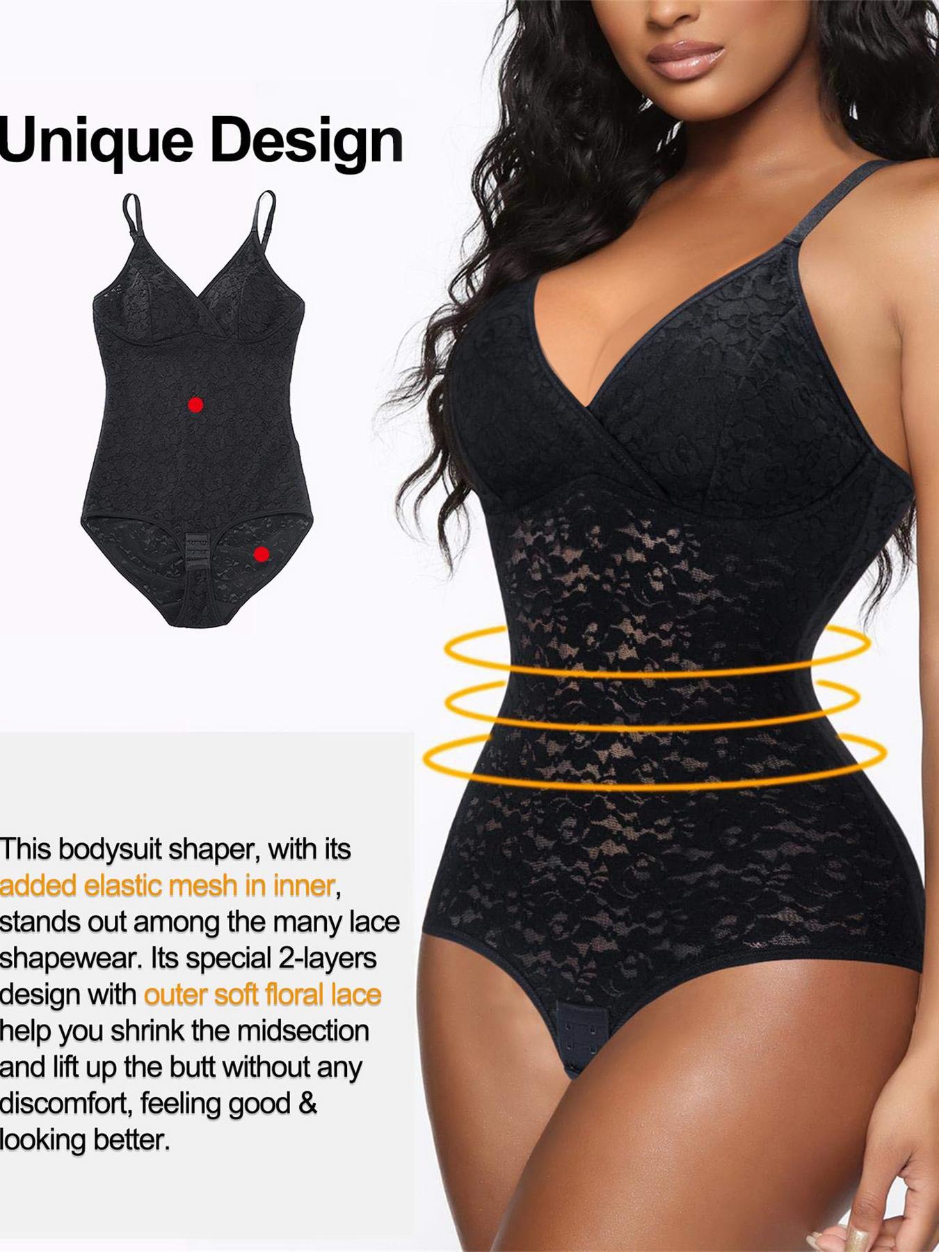 Plus Size Women's Shapewear Bodysuit, Sexy Lace V Neck Design, High Elastic Breathable Mesh Inner Layer, Comfortable & Slimming Fit
