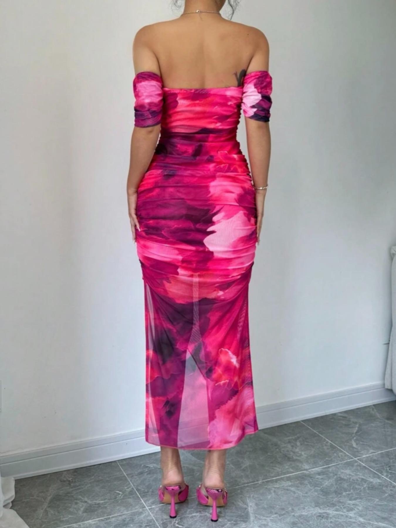 Women's All Over Print Off Shoulder Mesh Breathable Slit Dress, Elegant Chic Fashion Casual Dress for Party Club Dating Wear, Women Dress for Summer