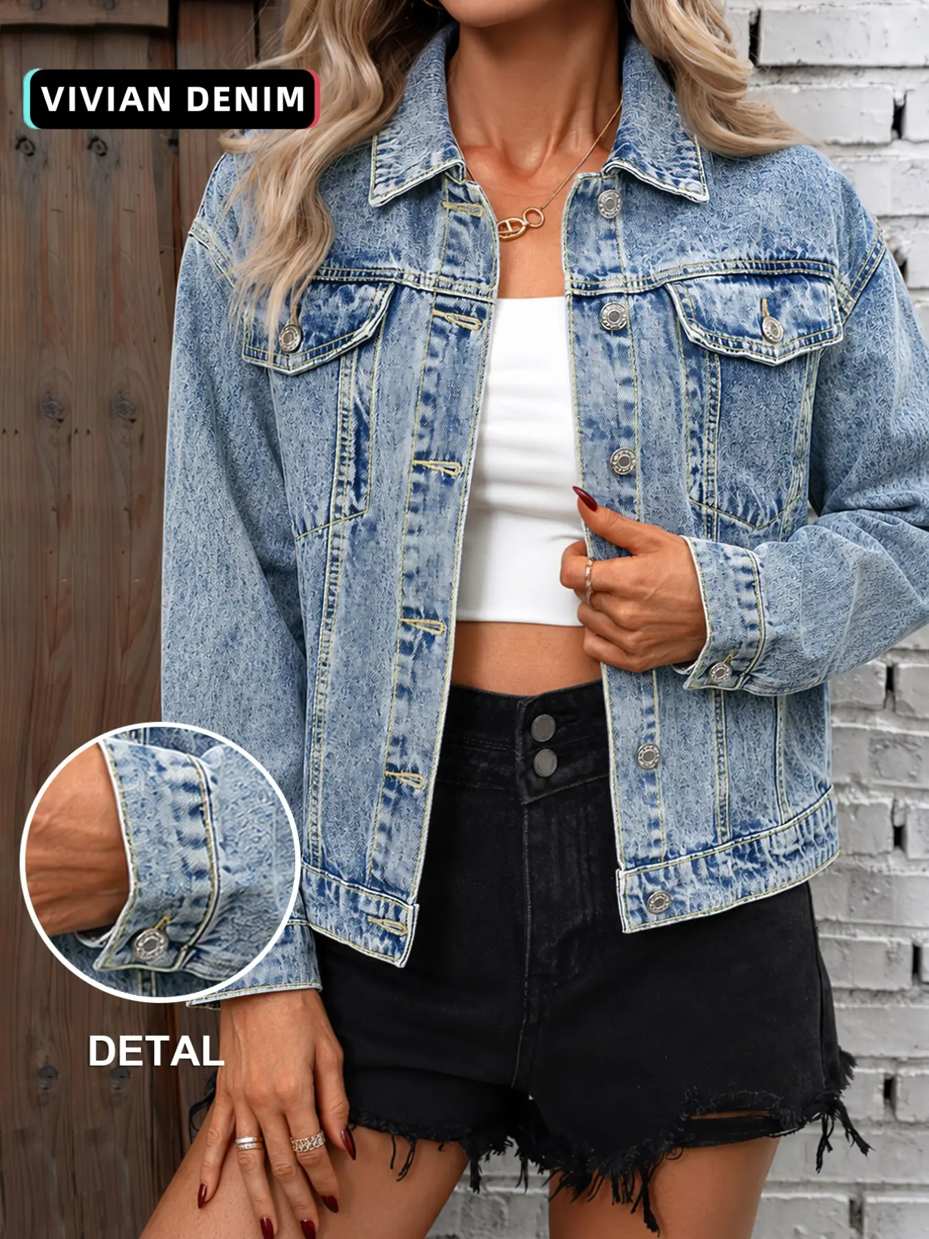 Vintage Light Wash Cropped Denim Jacket for Ladies, Classic Lapel Oversized Short Jean Trucker Coat, Y2K Trend Daily Layering