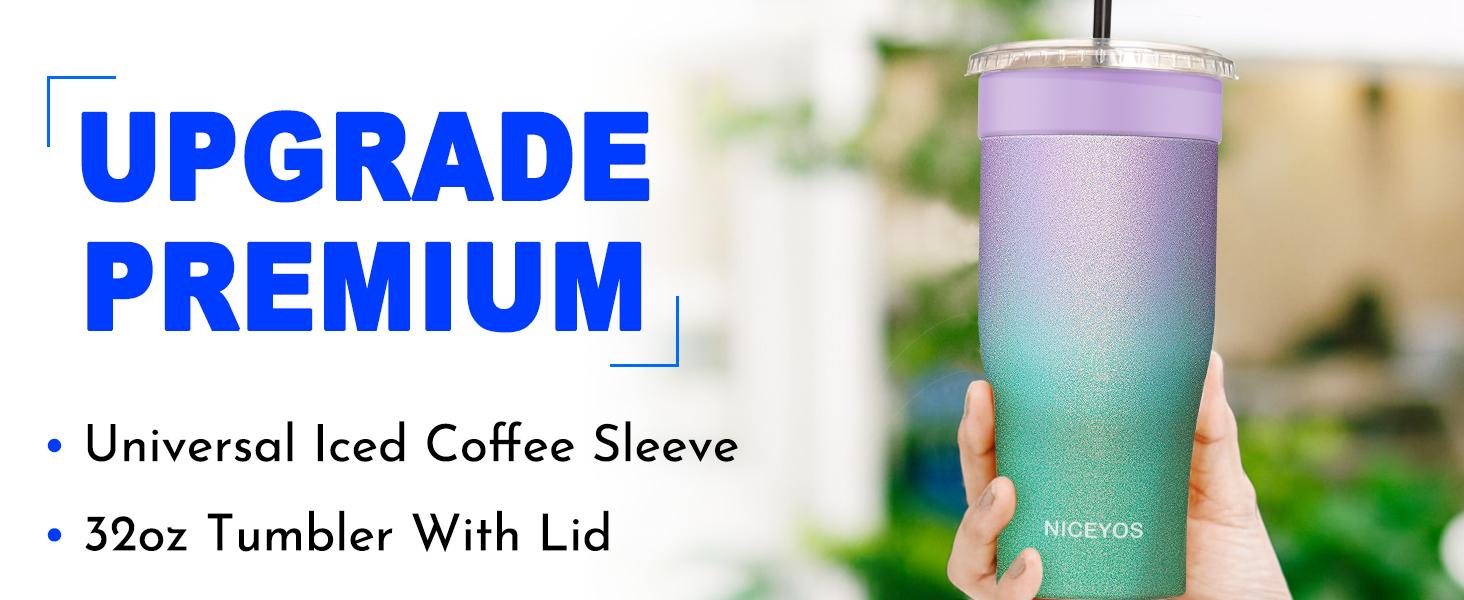 Universal Iced Coffee Sleeve -  Upgraded Double Wall Reusable Stainless Steel Holder Sleeves Insulator for Cold Drinks Fits Starbucks McDonalds Small Medium Large Cups (Glitter) Drinkware Tumbler Insulation Bottled Portable Classic Lid