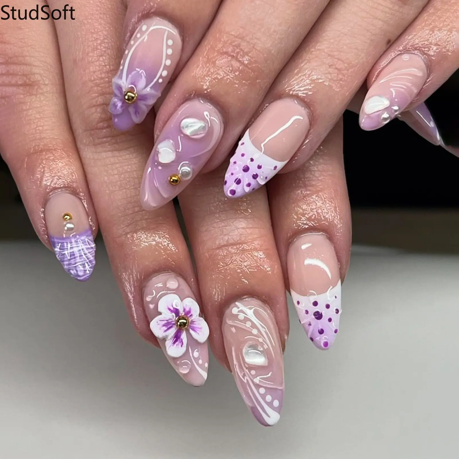 Women's 24Pcs Glossy Medium Almond Shape Press-On Nails - Purple Fake Tips with 3D Flower Sculptures, French Polka Dot, Tweed Pattern, Full Cover, Glue for Manicure Decor, Glossy Finish