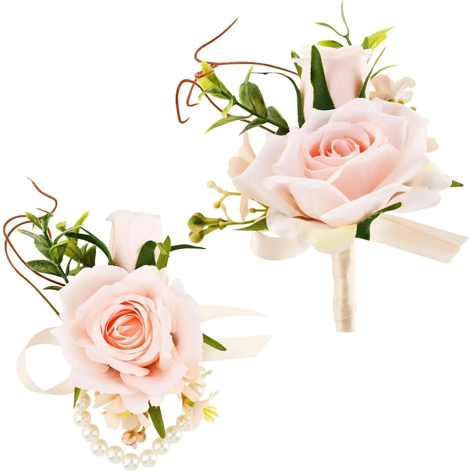 2-Piece Fade-Resistant Wrist Corsage and Boutonniere Set, Classic Blush Pink Artificial Roses with Pearl Wristlet for Prom, Wedding Fashion Accessories