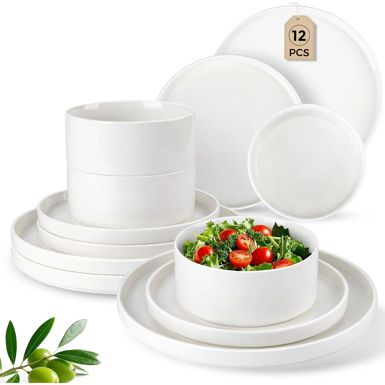 Ceramic Dinnerware Sets, Embossed Stoneware Plates and Bowls Sets,Highly Chip and Crack Resistant | Dishwasher & Microwave & Oven Safe Dishes set,Service for 4 (12pc)-White