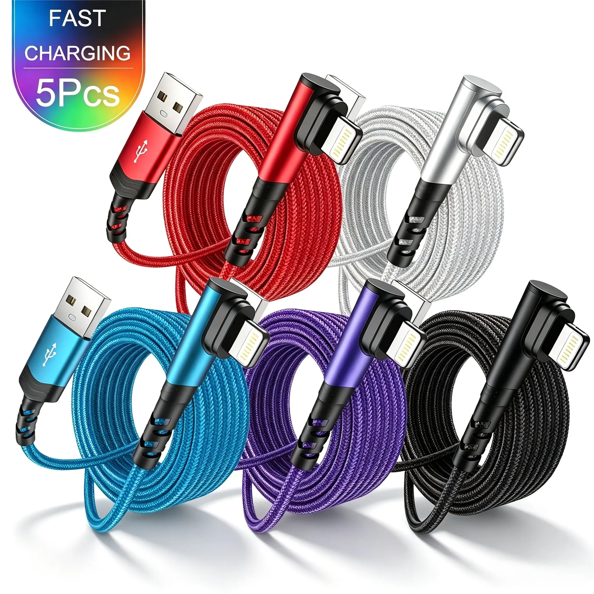 5Pcs Lightning Data Cable for iPhone, Fast Charging, Durable 90 Degree Nylon Braided Wire, Compatible with iPhone 14/13/12/11 Pro Max/XS Max/XR/XS/x/8/7/plus/iPad