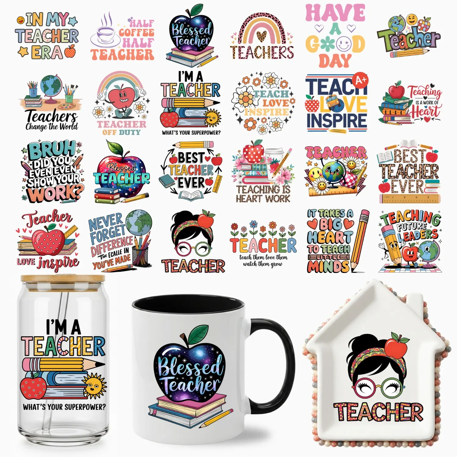 24pcs UV DTF Cup Wraps Decals, Assorted Decals, Waterproof Self-Adhesive Transfer Paper for Mugs & Bottles, 3D Crystal Labels, High-Quality DIY Crafts