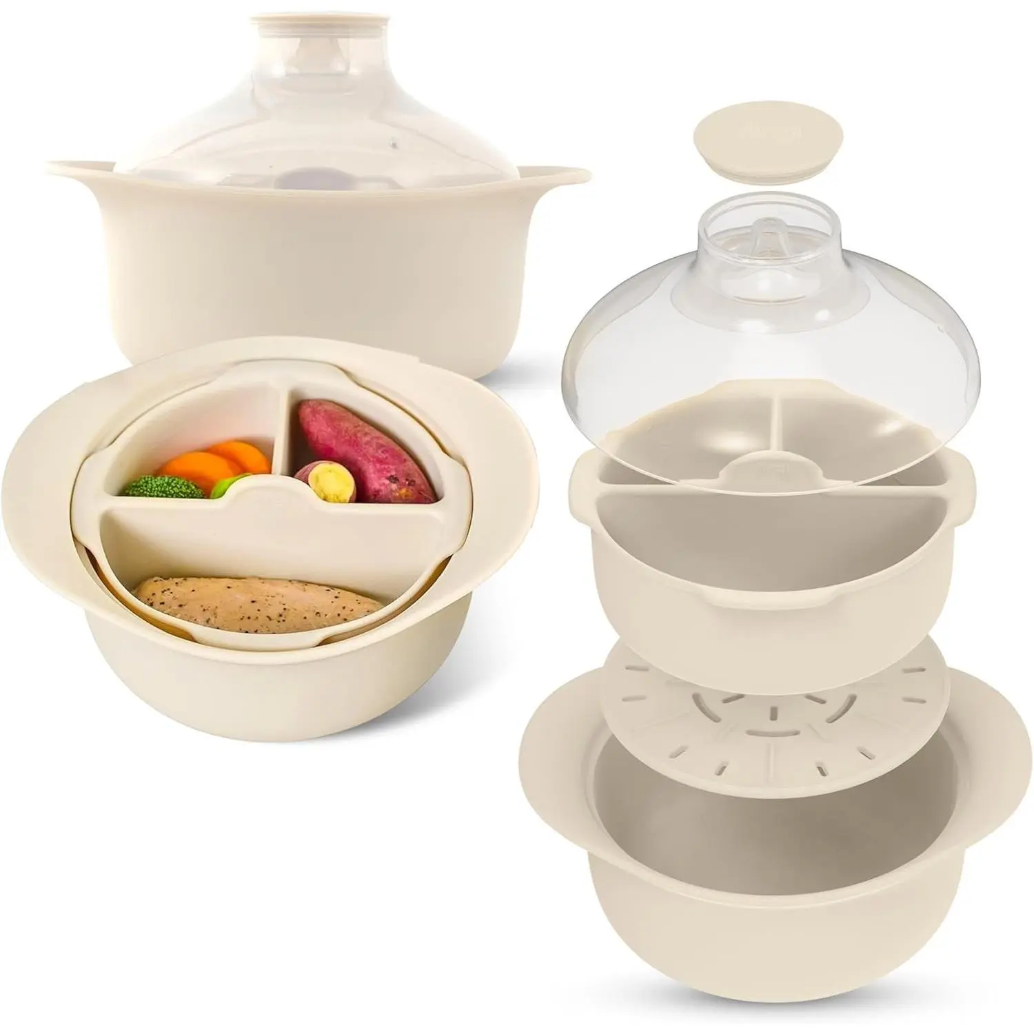 48oz 3 Compartment Platinum Silicone Microwave Steamer Pot with Handle & Lid, 100% Korean Food Grade Heat Resistant Steamer Bowl with Steam Holes, Easy Clean Dishwasher Safe, Ivory